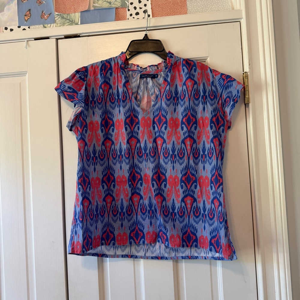 La Plage Ruthie Ruffle Ikat Patterned Short Sleeve Blouse Size Medium